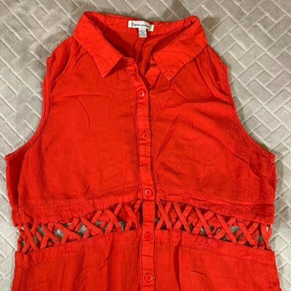 Luca Couture Womens Large Blouse Red Collared Button Up Gauzy Rayon Sleeveless - Picture 2 of 10